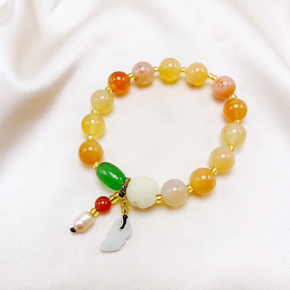 Natural Red Agate Green Agate Bracelet Moisturizing Women's Bracelet Hanging Burma Jade Small Leaf Pearl Duobao Bracelet