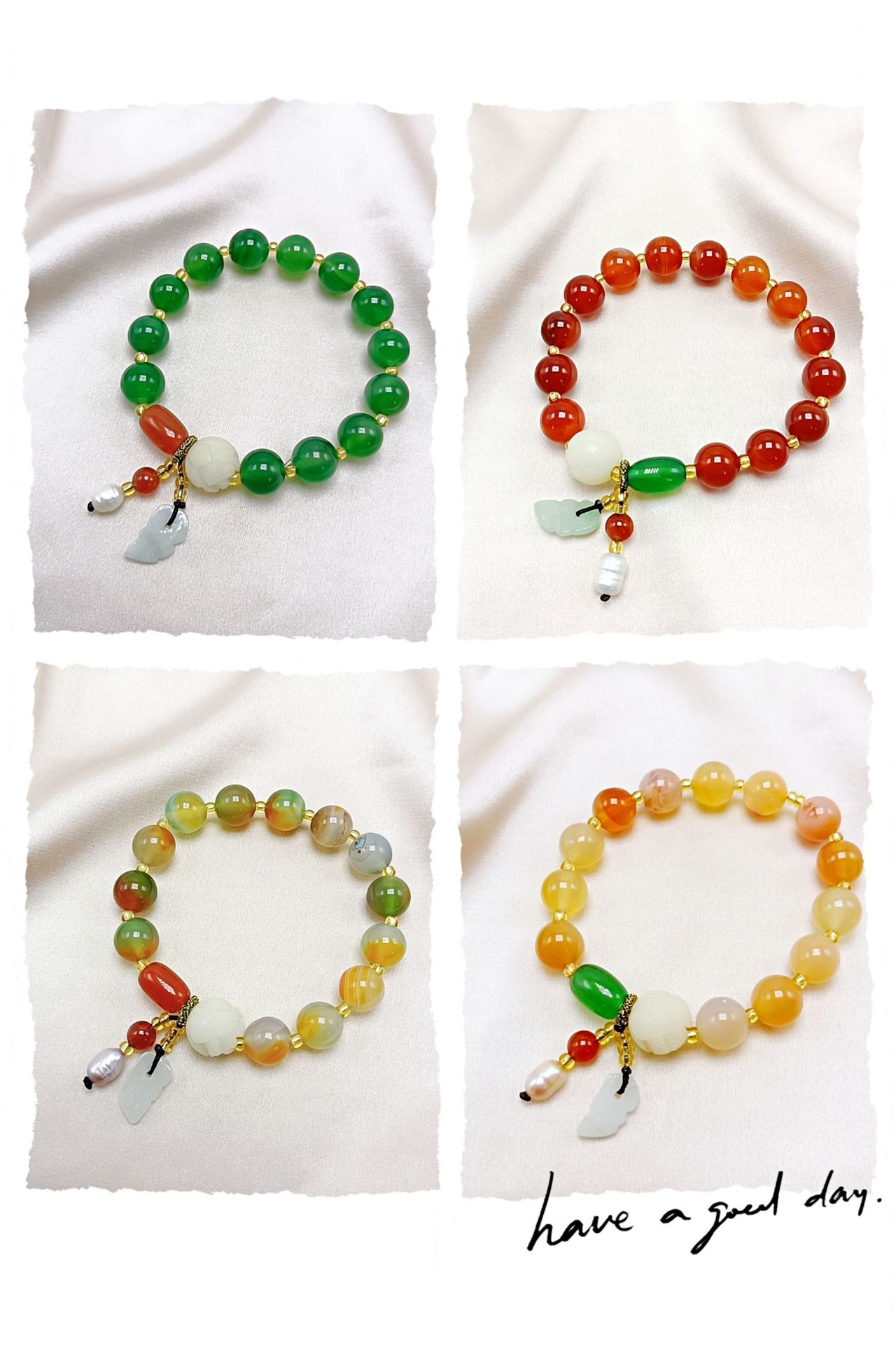 Natural Red Agate Green Agate Bracelet Moisturizing Women's Bracelet Hanging Burma Jade Small Leaf Pearl Duobao Bracelet