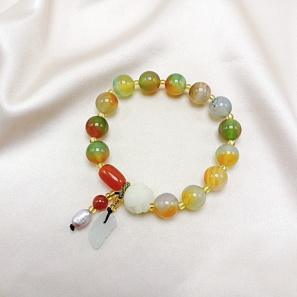 Natural Red Agate Green Agate Bracelet Moisturizing Women's Bracelet Hanging Burma Jade Small Leaf Pearl Duobao Bracelet