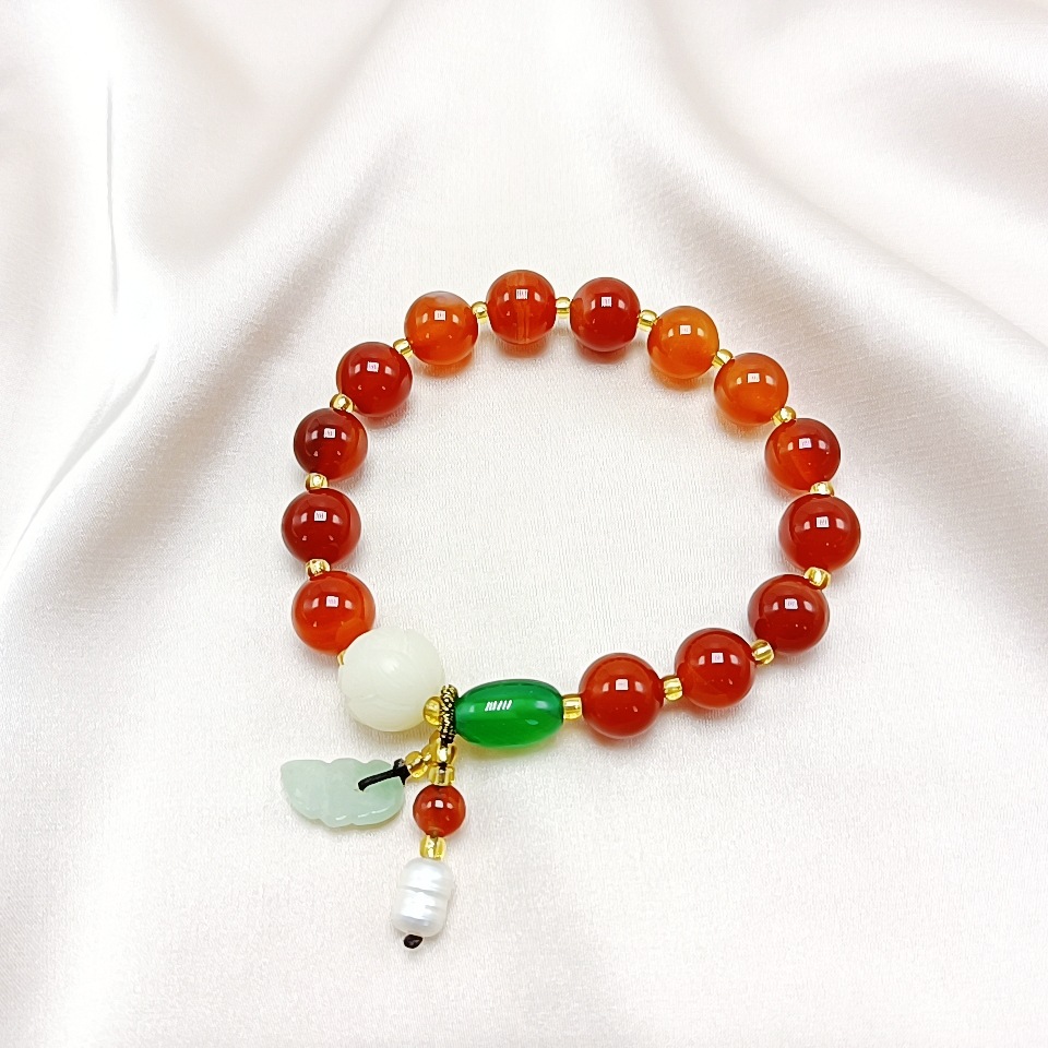 Natural Red Agate Green Agate Bracelet Moisturizing Women's Bracelet Hanging Burma Jade Small Leaf Pearl Duobao Bracelet
