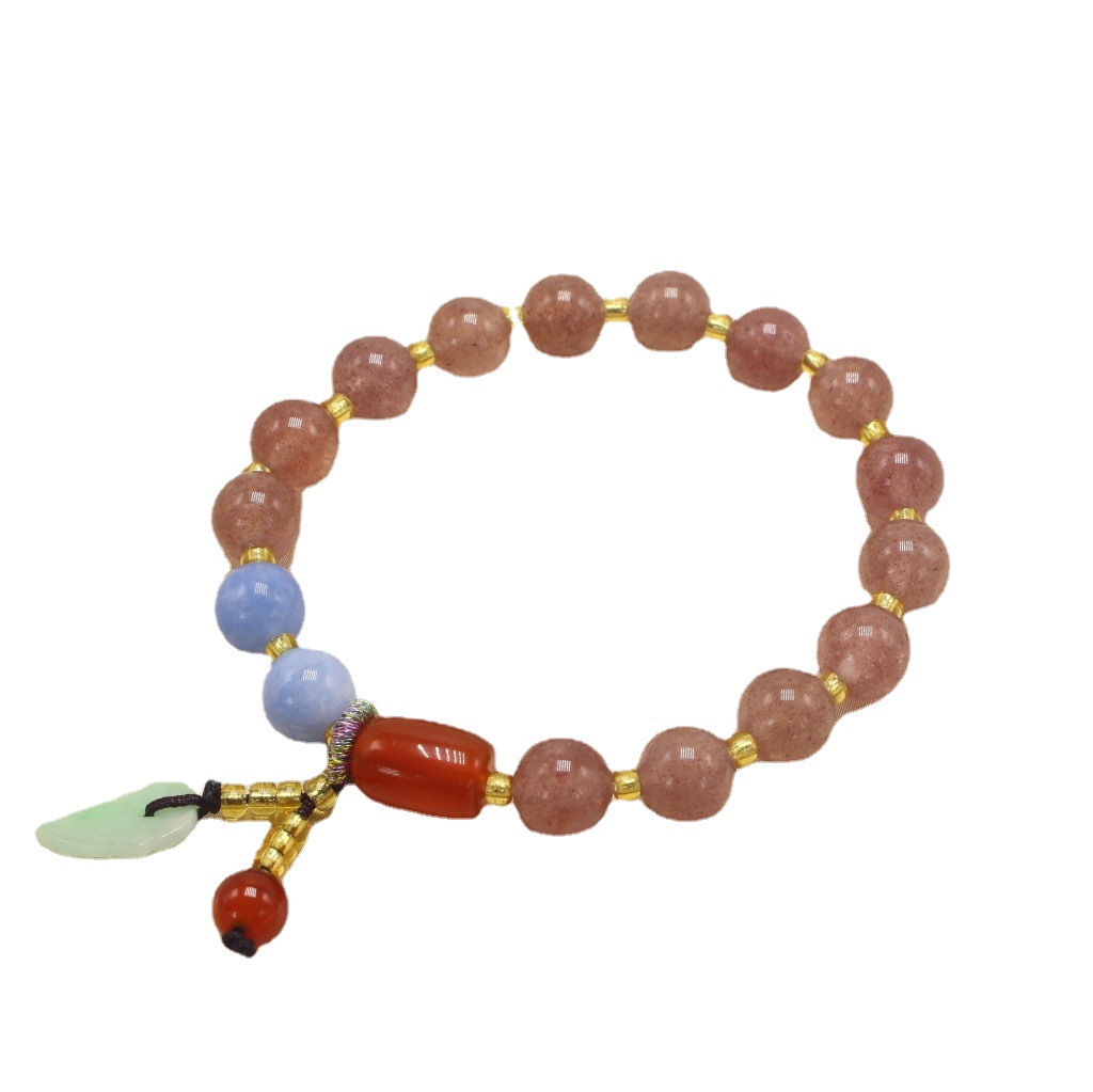 Simple Natural Crystal Strawberry Quartz Bracelet Chalcedony Lotus Seedpod Pendant Women&#039;s Fresh Bracelet with Pearl Agate