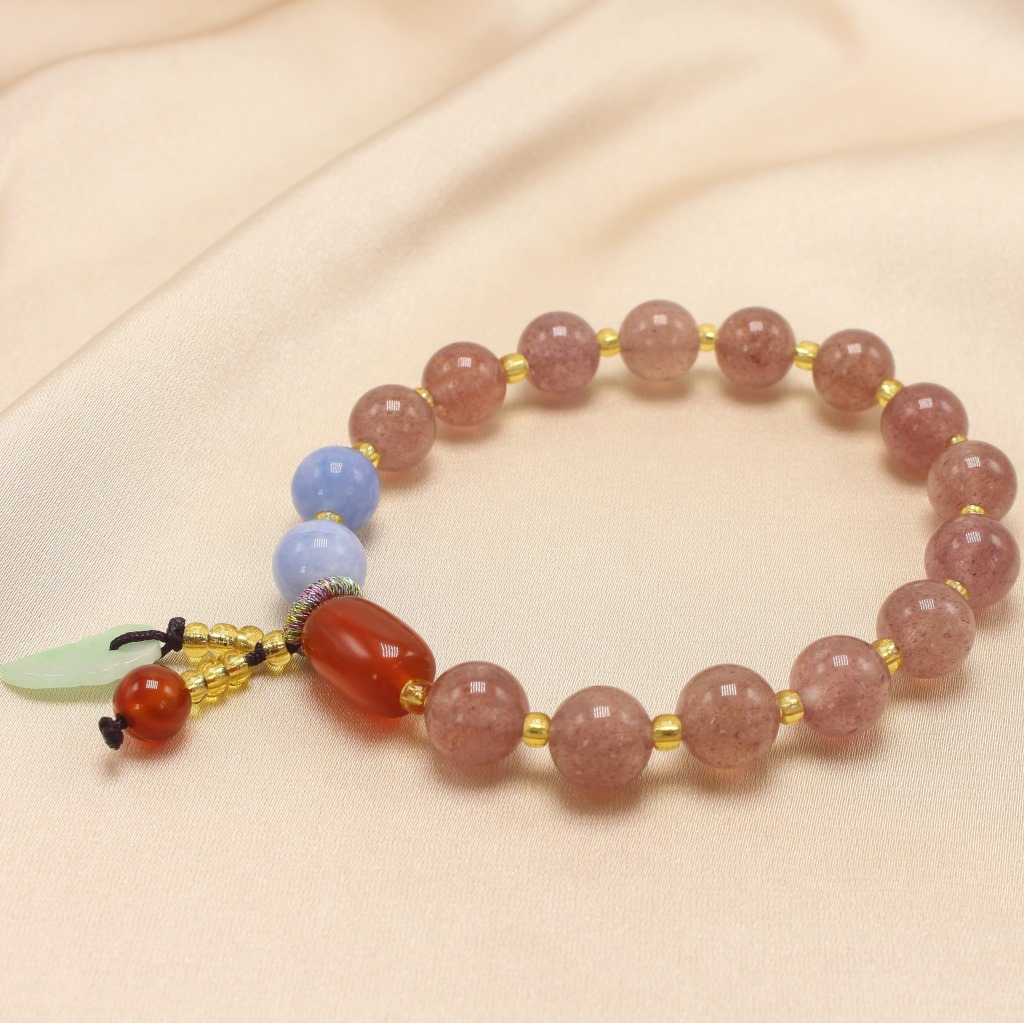 Simple Natural Crystal Strawberry Quartz Bracelet Chalcedony Lotus Seedpod Pendant Women's Fresh Bracelet with Pearl Agate