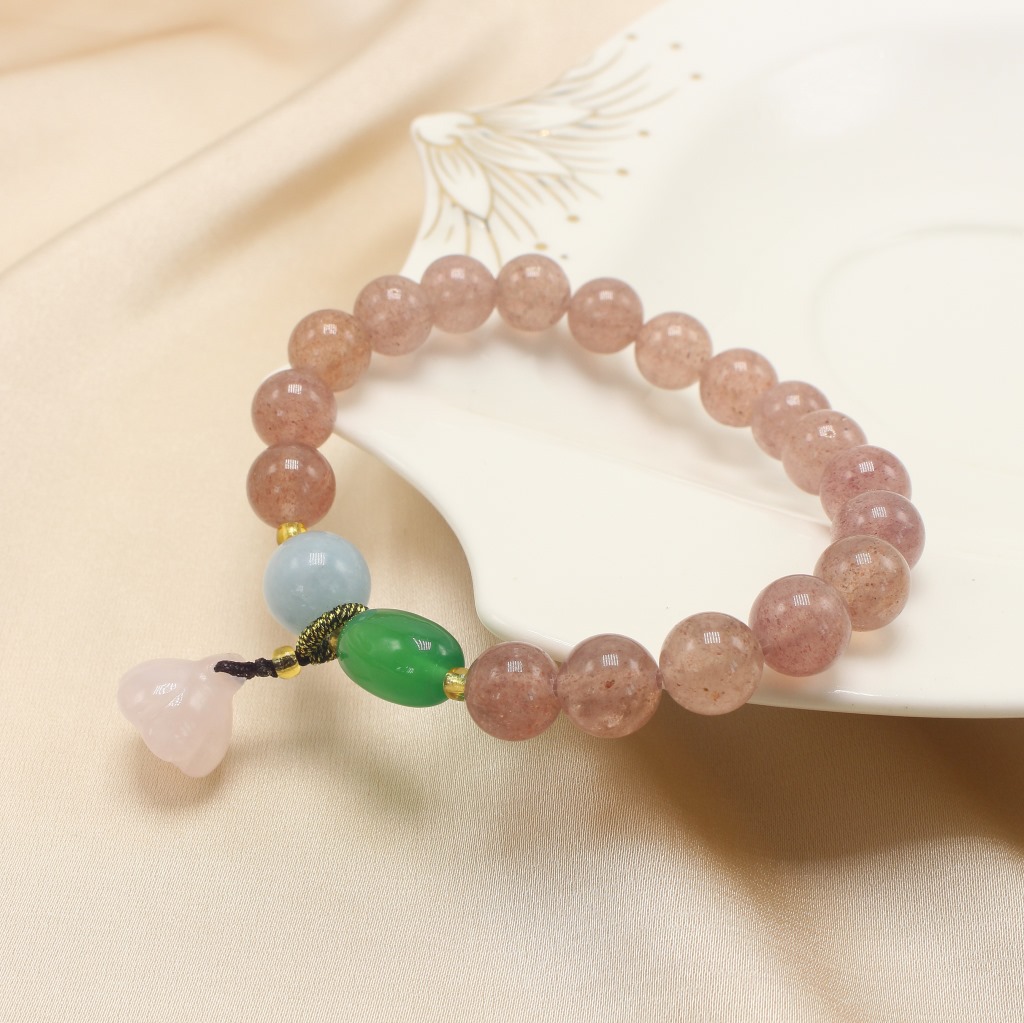 Simple Natural Crystal Strawberry Quartz Bracelet Chalcedony Lotus Seedpod Pendant Women's Fresh Bracelet with Pearl Agate