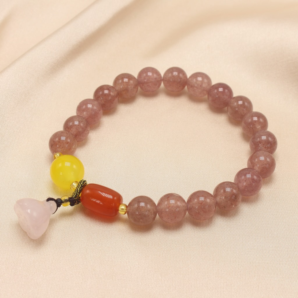 Simple Natural Crystal Strawberry Quartz Bracelet Chalcedony Lotus Seedpod Pendant Women's Fresh Bracelet with Pearl Agate