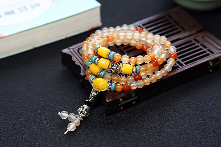 Natural agate bracelet female multi-circle crystal string beeswax Buddha head Tibet silver accessories