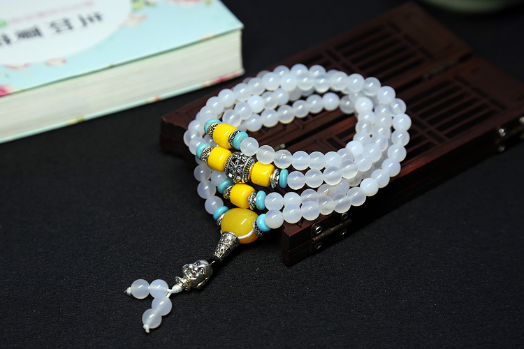 Natural agate bracelet female multi-circle crystal string beeswax Buddha head Tibet silver accessories