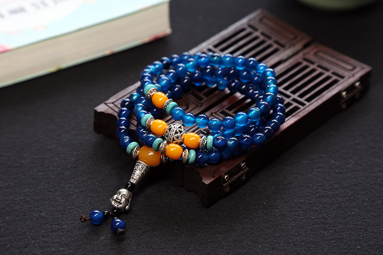 Natural agate bracelet female multi-circle crystal string beeswax Buddha head Tibet silver accessories
