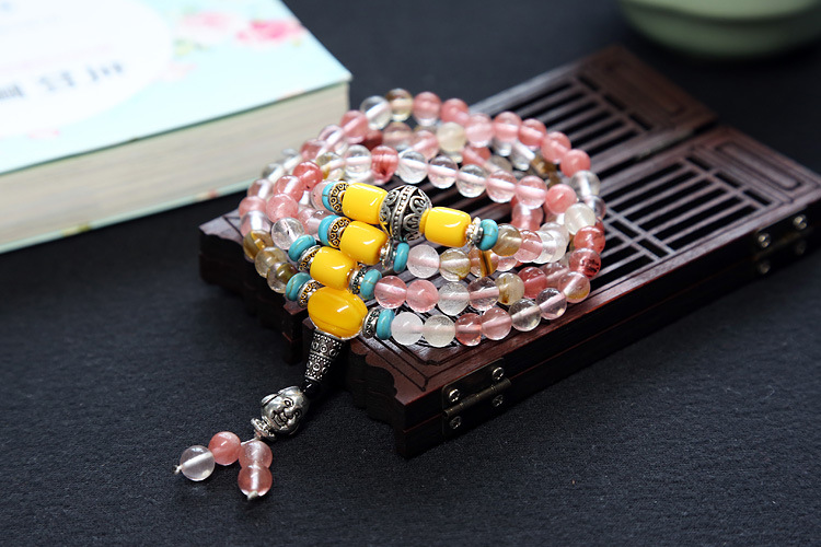 Natural agate bracelet female multi-circle crystal string beeswax Buddha head Tibet silver accessories