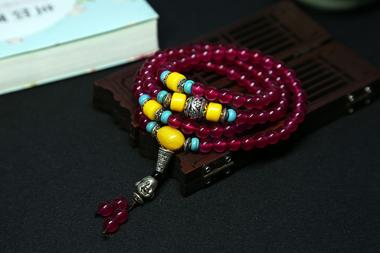 Natural agate bracelet female multi-circle crystal string beeswax Buddha head Tibet silver accessories