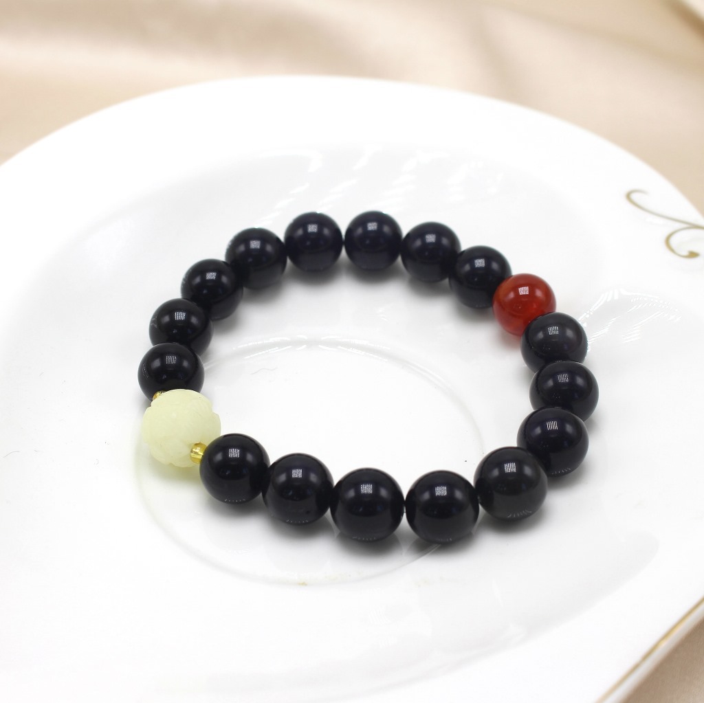 Black Single Circle 10mm Obsidian Unisex Bracelet with Bodhi Root Lotus Red Agate Bracelet