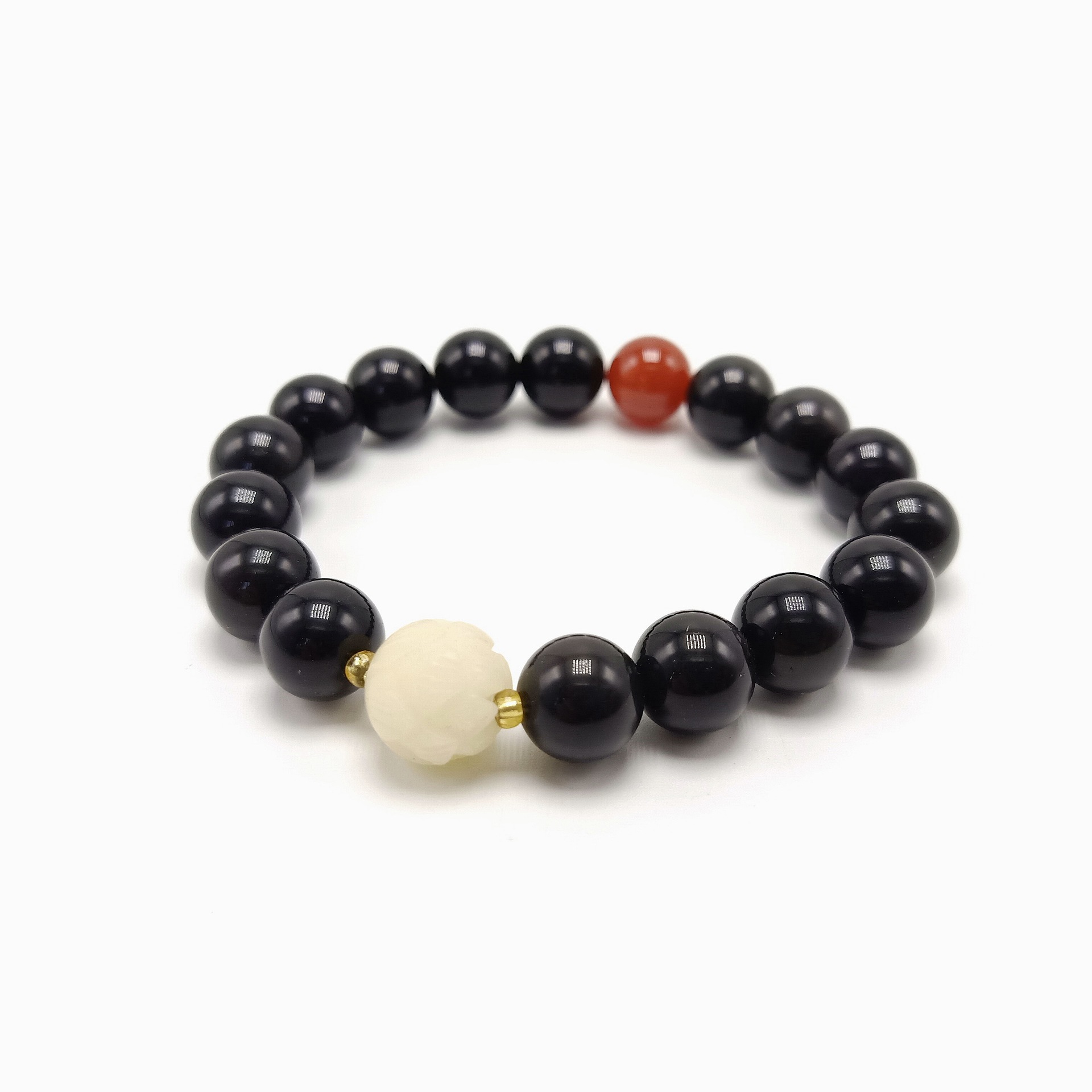 Black Single Circle 10mm Obsidian Unisex Bracelet with Bodhi Root Lotus Red Agate Bracelet