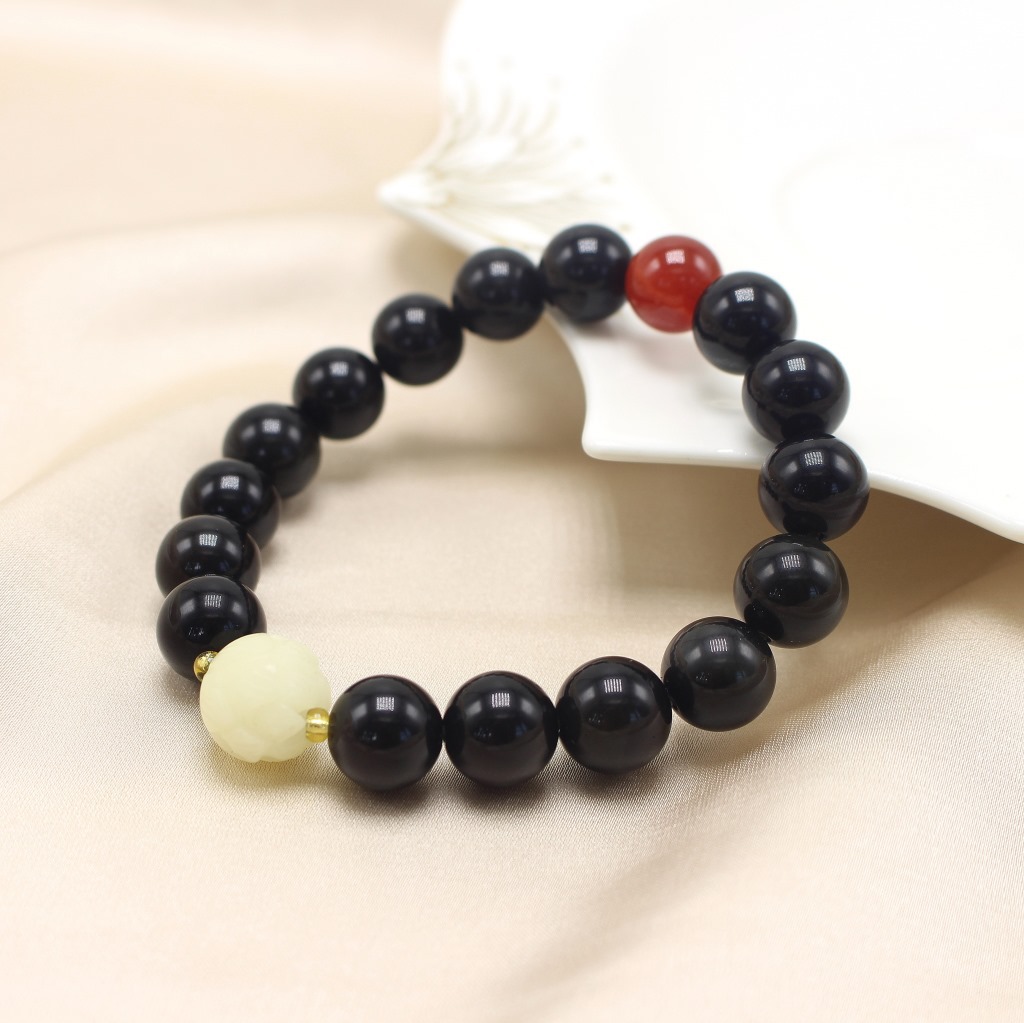 Black Single Circle 10mm Obsidian Unisex Bracelet with Bodhi Root Lotus Red Agate Bracelet