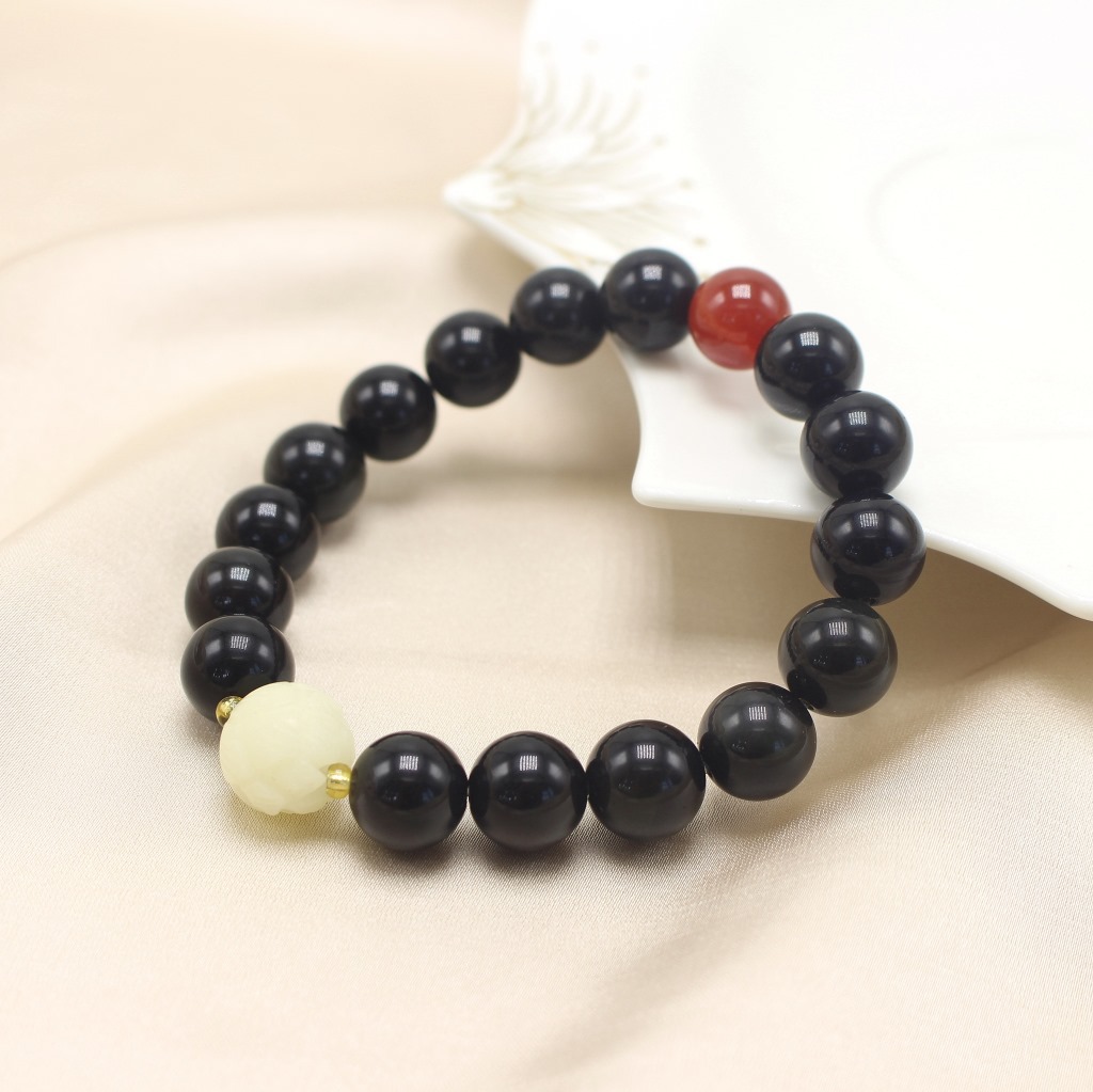 Black Single Circle 10mm Obsidian Unisex Bracelet with Bodhi Root Lotus Red Agate Bracelet