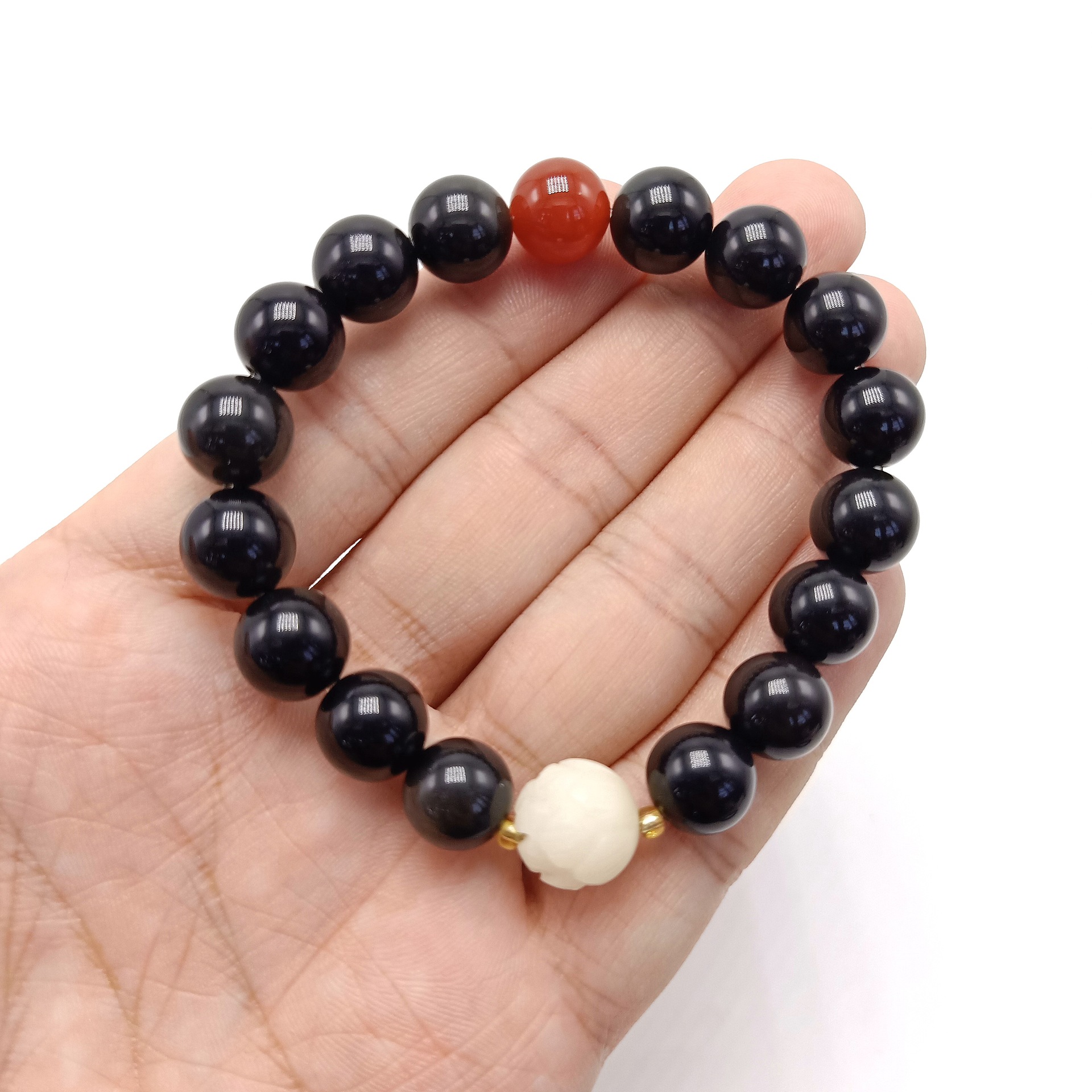 Black Single Circle 10mm Obsidian Unisex Bracelet with Bodhi Root Lotus Red Agate Bracelet