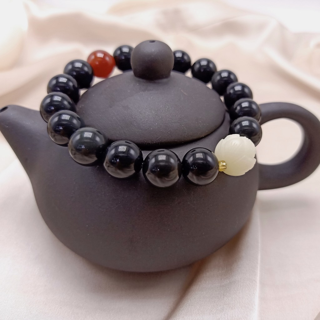 Black Single Circle 10mm Obsidian Unisex Bracelet with Bodhi Root Lotus Red Agate Bracelet