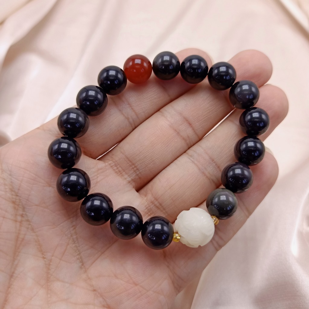 Black Single Circle 10mm Obsidian Unisex Bracelet with Bodhi Root Lotus Red Agate Bracelet