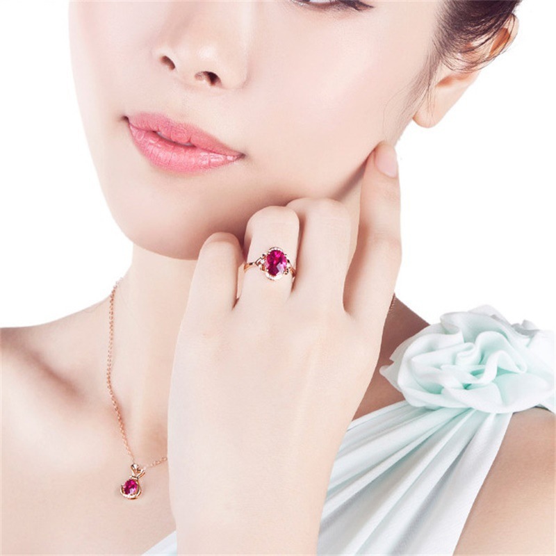 European and American Style Fresh Pink Crystal Bracelet Open Ring Ruby Tassel Ear Hook Red Tourmaline Rose Gold Pendant Set