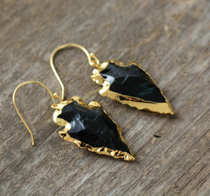 Hot Selling Women Trendy Earrings Natural Pink Crystal Obsidian Arrow Gold Plated Edge Eardrop Elegant Lady Jewelry