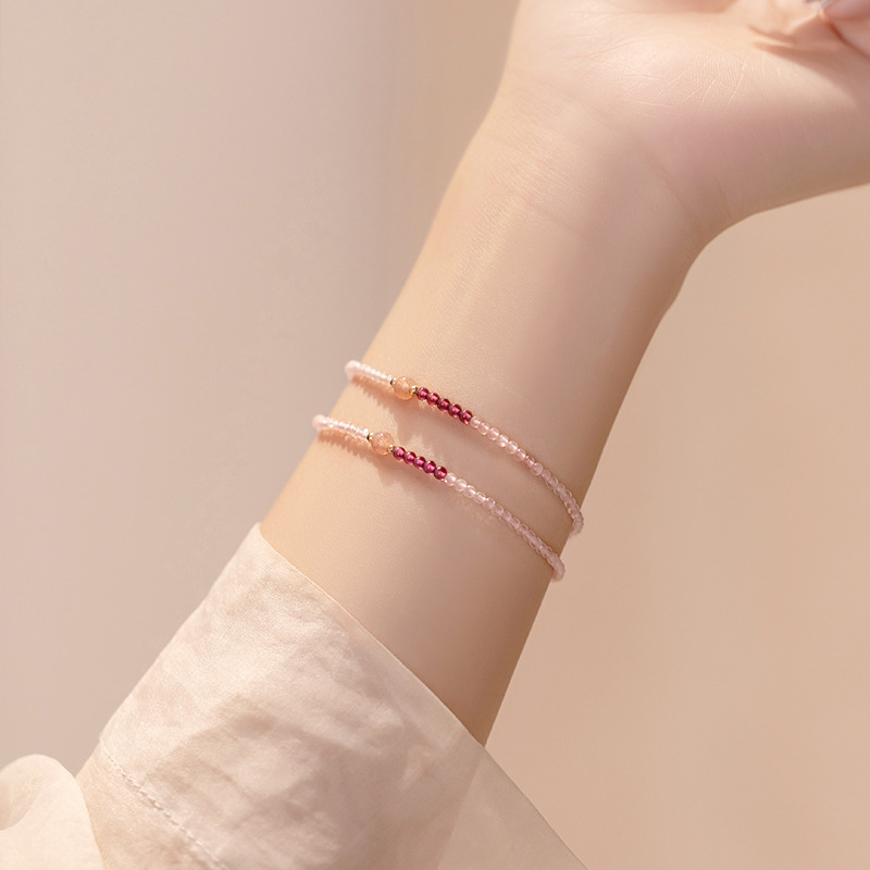 Ultra-Fine 2mm Strawberry Quartz White Pink Crystal Bracelet Women&#039;s 14K Lucky Beads Ultra-Fine Autumn Design Sense Niche Jewelry Wholesale