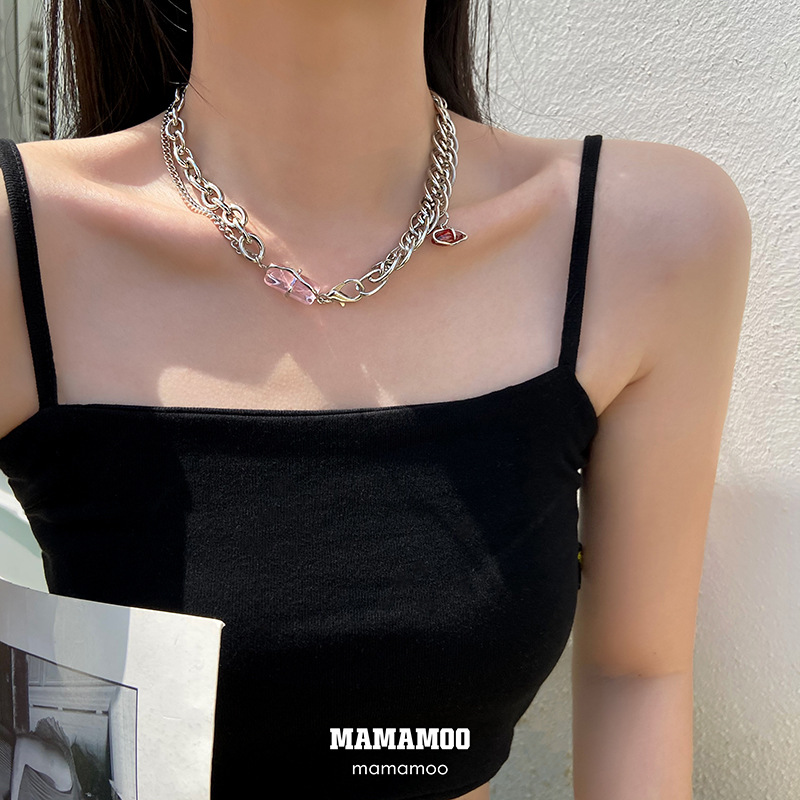 INS Cool Style Pink Crystal Clavicle Chain Women&#039;s Summer Niche High-Grade Design Necklace Internet Celebrity Temperament Necklace