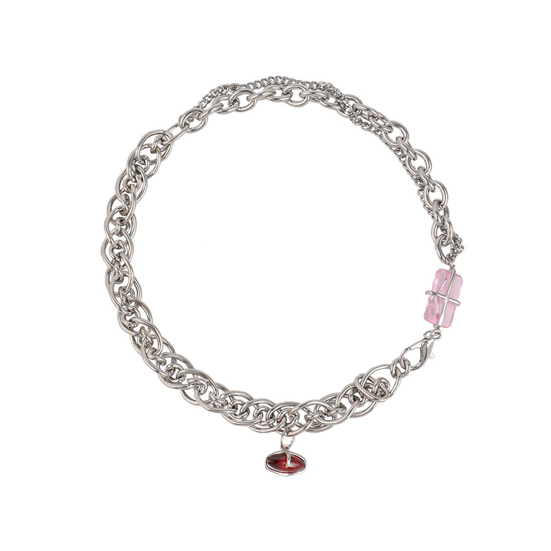 INS Cool Style Pink Crystal Clavicle Chain Women&#039;s Summer Niche High-Grade Design Necklace Internet Celebrity Temperament Necklace