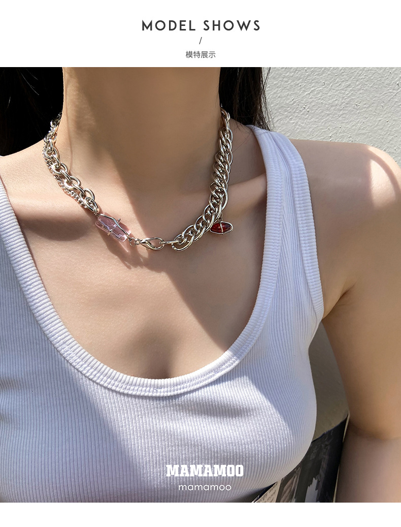 INS Cool Style Pink Crystal Clavicle Chain Women's Summer Niche High-Grade Design Necklace Internet Celebrity Temperament Necklace INS Cool Style Pink Crystal Clavicle Chain Women's Summer Niche High-Grade Design Necklace Internet Celebrity Temperament Necklace