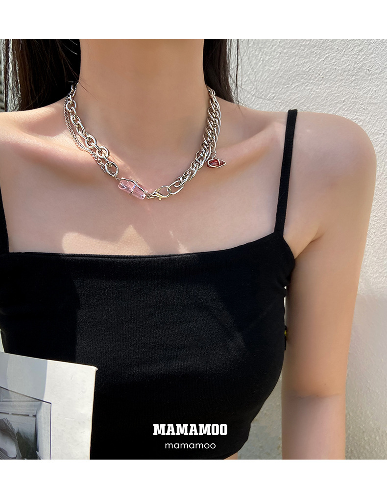 INS Cool Style Pink Crystal Clavicle Chain Women's Summer Niche High-Grade Design Necklace Internet Celebrity Temperament Necklace INS Cool Style Pink Crystal Clavicle Chain Women's Summer Niche High-Grade Design Necklace Internet Celebrity Temperament Necklace