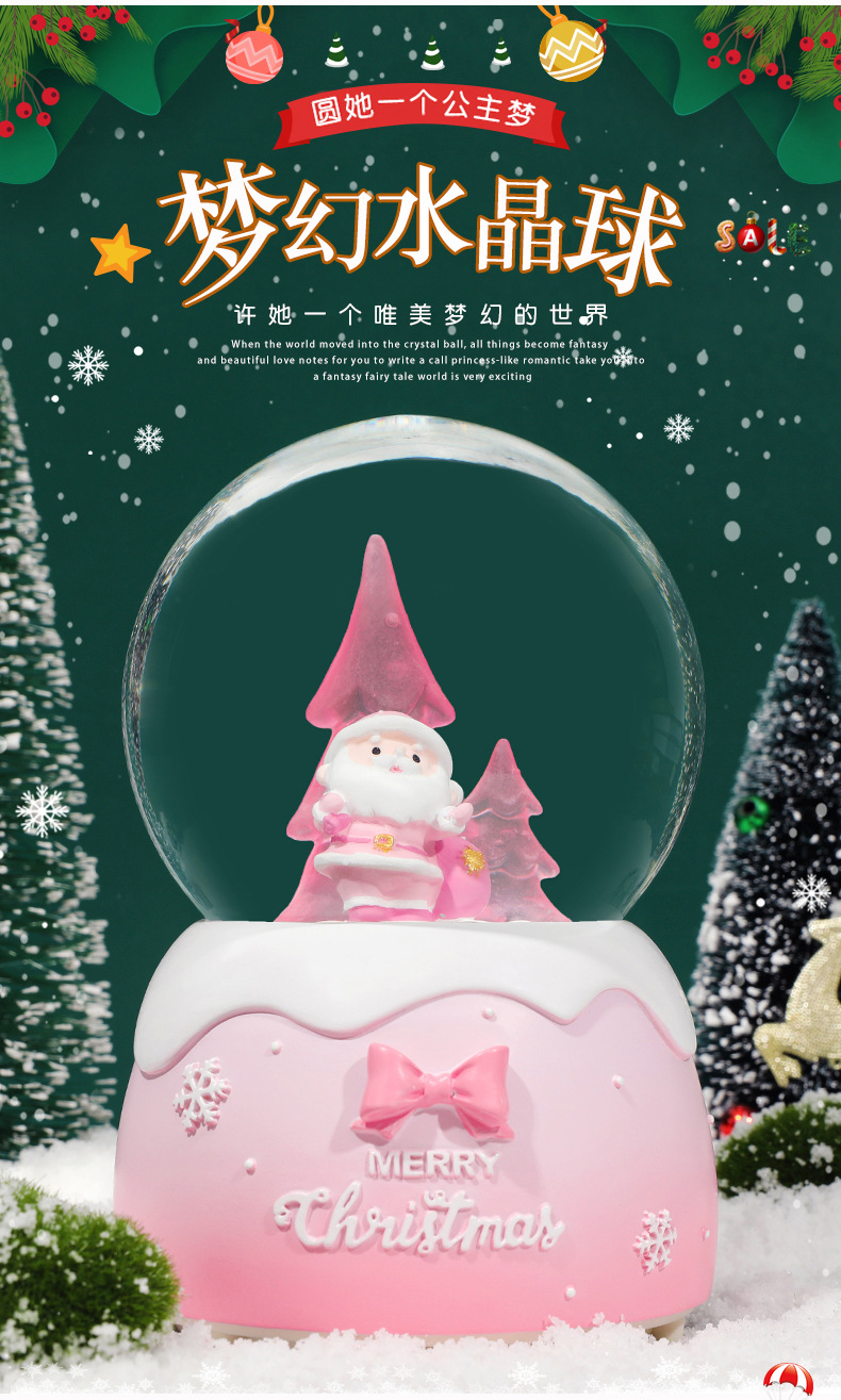 Factory New Style Pink Santa Claus Crystal Ball Snow Send Girlfriend Music Box Christmas Gift Decoration Wholesale