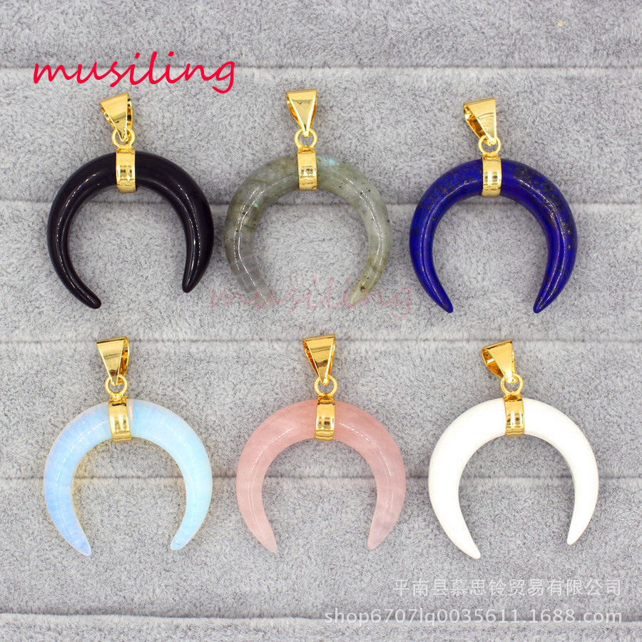 Pink Crystal Curved Moon Horn Pendant European and American Fashion Sweater Chain Pendant Cross-Border Foreign Trade Ornament Wholesale