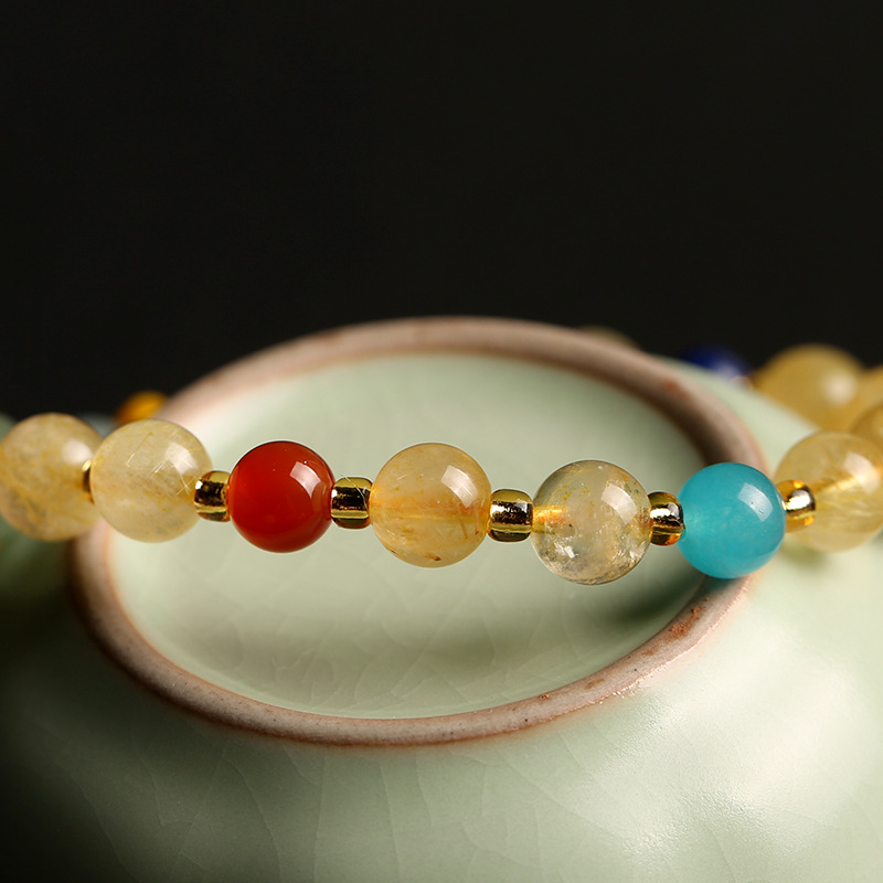 Original Design Duobao Ornament Brazil Natural Gold Rutilated Quartz Bracelet Women&#039;s Bracelet Vintage Agate Pink Crystal Bracelet