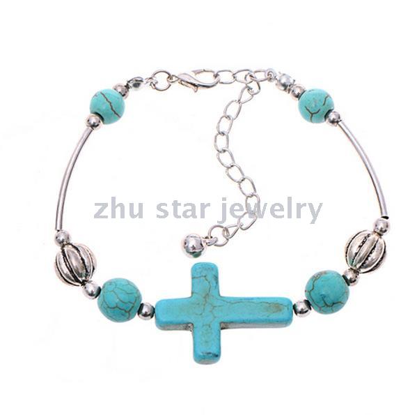 Natural stone jewelry, turquoise, colored agate, white crystal, tiger eye beads alloy bracelet with pendant