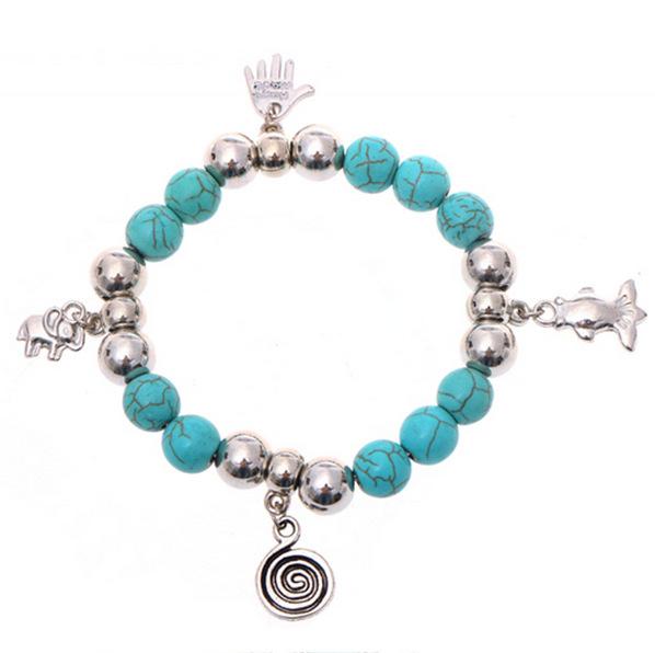 Natural stone jewelry, turquoise, colored agate, white crystal, tiger eye beads alloy bracelet with pendant Natural stone jewelry, turquoise, colored agate, white crystal, tiger eye beads alloy bracelet with pendant