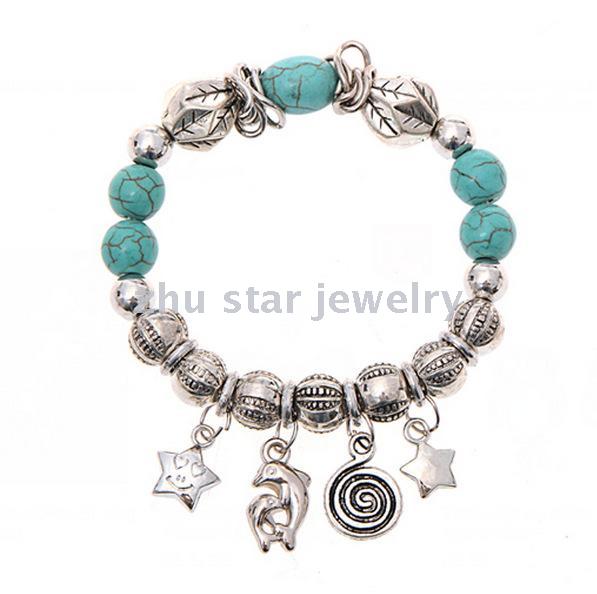 Natural stone jewelry, turquoise, colored agate, white crystal, tiger eye beads alloy bracelet with pendant