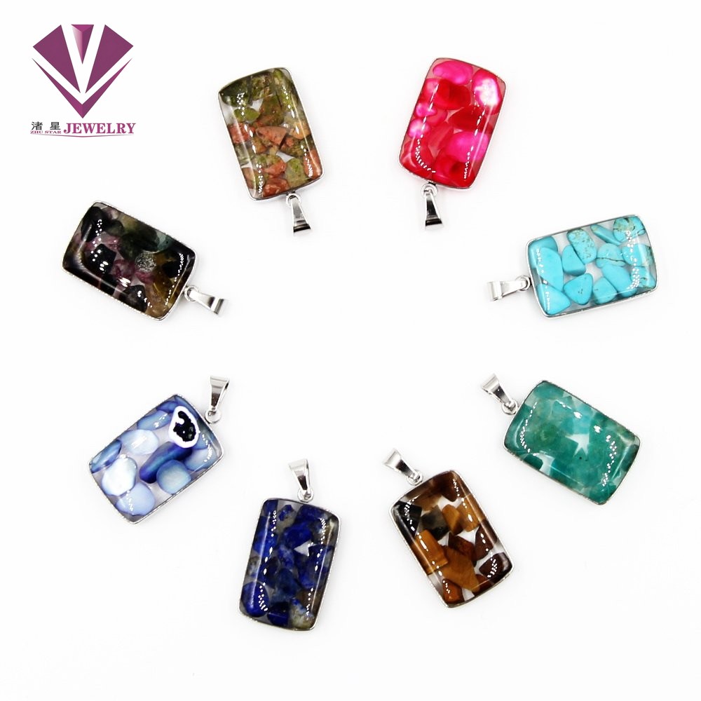 Stainless steel natural stone pendant, agate, powder crystal, amethyst, turquoise, tiger eye stone, pine stone, coral