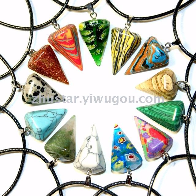Natural stone, crystal, amethyst, agate, opal, tiger eye stone, hexagon cone pendant.