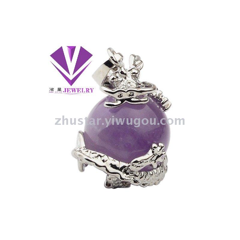 Natural stone, crystal, amethyst, agate, opal, tiger eye stone, dragon holding beads pendant.