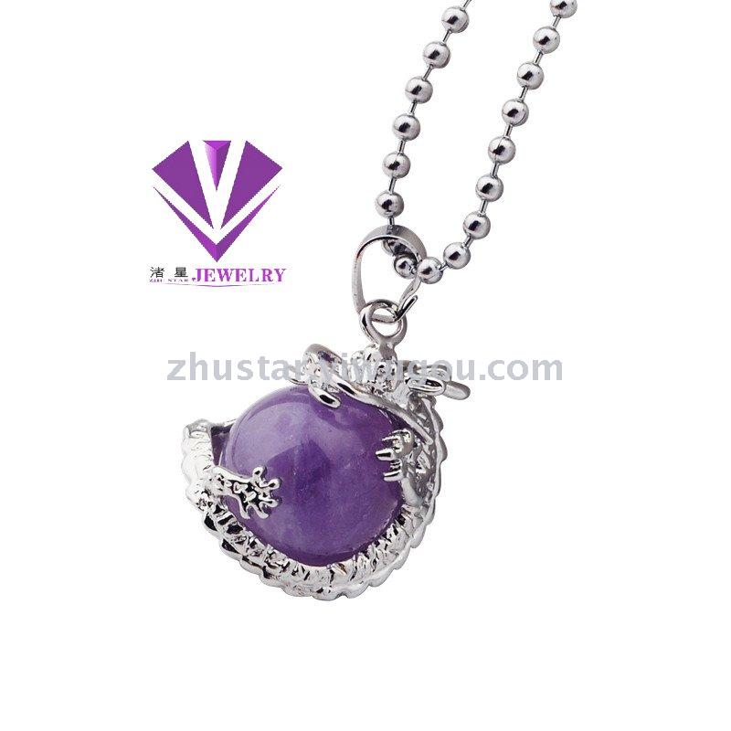 Natural stone, crystal, amethyst, agate, opal, tiger eye stone, dragon holding beads pendant.