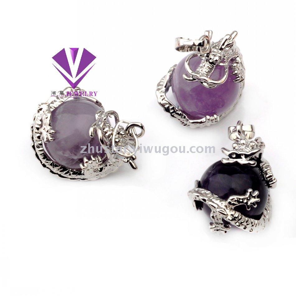 Natural stone, crystal, amethyst, agate, opal, tiger eye stone, dragon holding beads pendant.