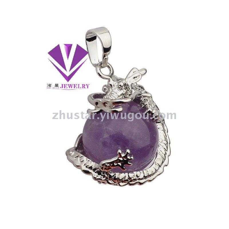 Natural stone, crystal, amethyst, agate, opal, tiger eye stone, dragon holding beads pendant.