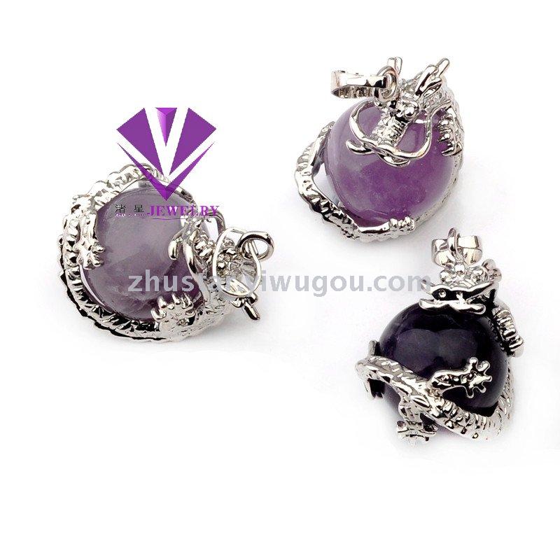 Natural stone, crystal, amethyst, agate, opal, tiger eye stone, dragon holding beads pendant.