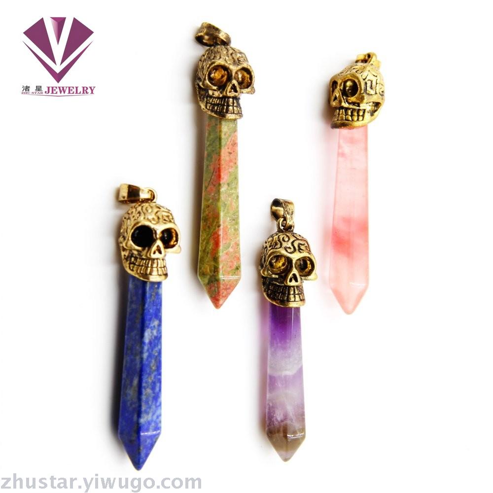 Natural stone pendant jewelry, amethyst, green gold, agate, tiger eye stone, opal, ghost head hexagonal column