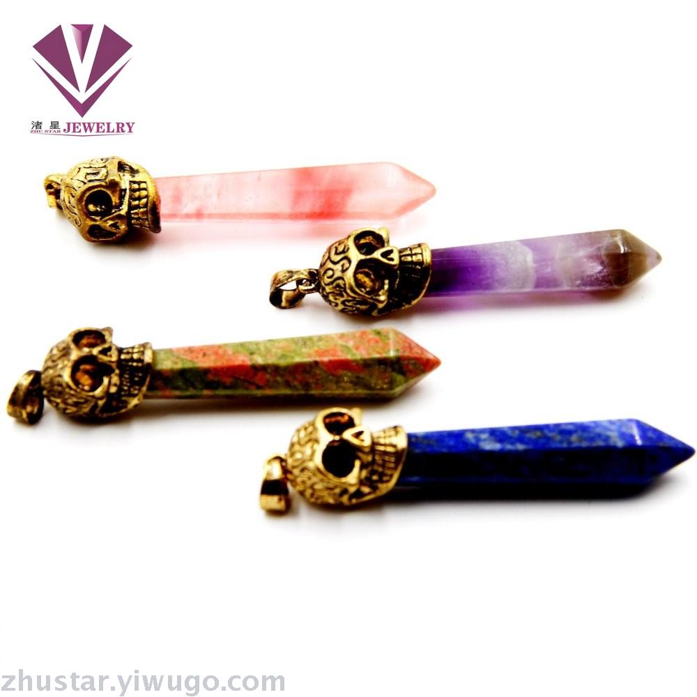 Natural stone pendant jewelry, amethyst, green gold, agate, tiger eye stone, opal, ghost head hexagonal column
