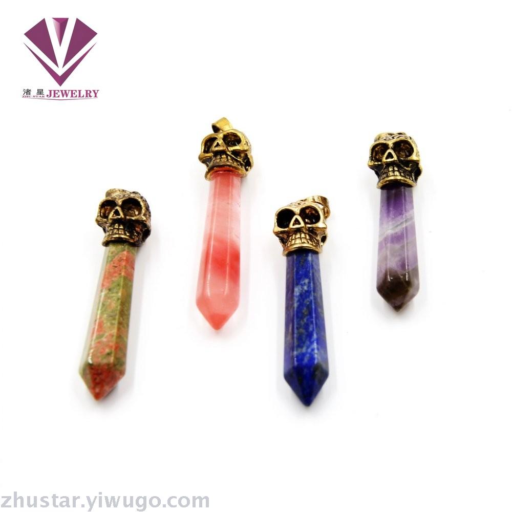 Natural stone pendant jewelry, amethyst, green gold, agate, tiger eye stone, opal, ghost head hexagonal column