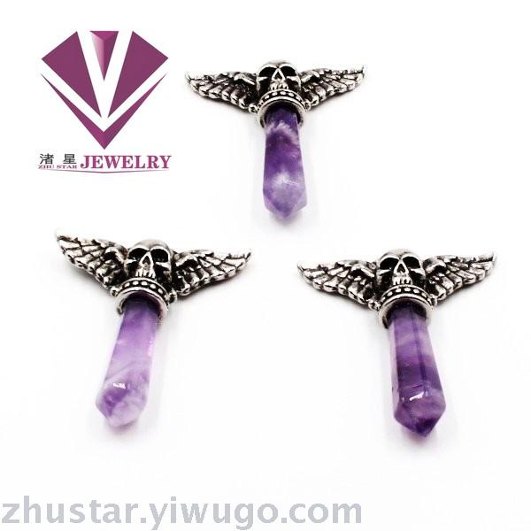 Natural stone angel hexagonal column ornaments, amethyst, green gold, pink crystal, tiger eye stone, red stone, agate