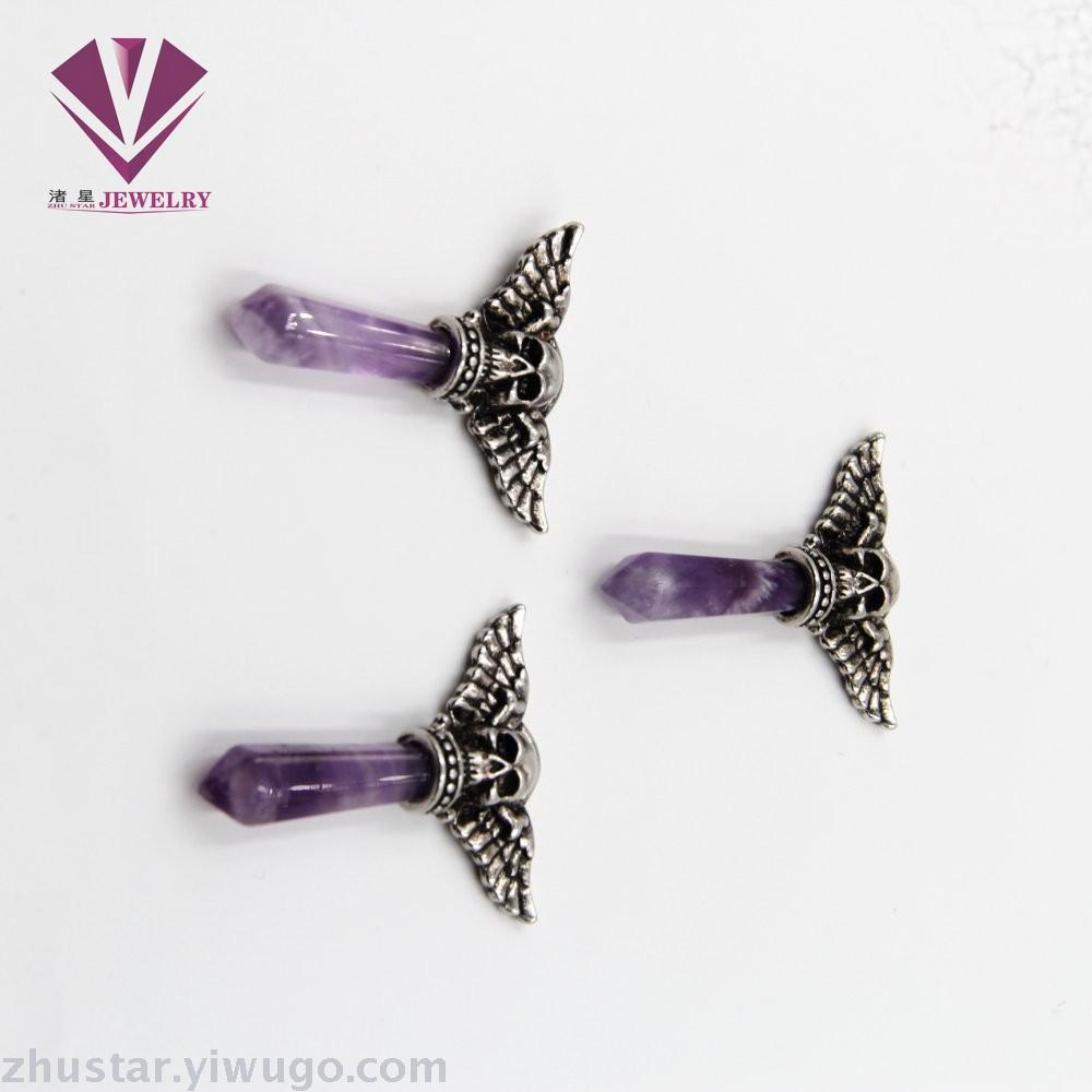 Natural stone angel hexagonal column ornaments, amethyst, green gold, pink crystal, tiger eye stone, red stone, agate