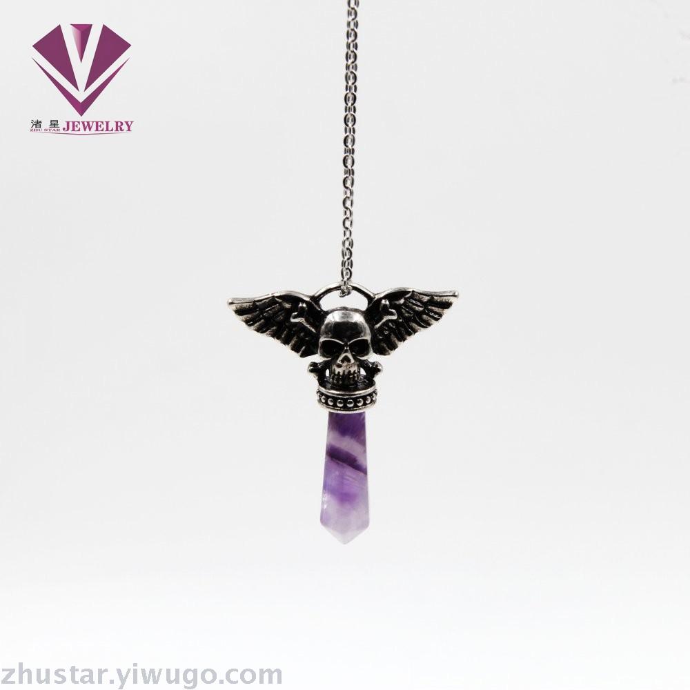 Natural stone angel hexagonal column ornaments, amethyst, green gold, pink crystal, tiger eye stone, red stone, agate