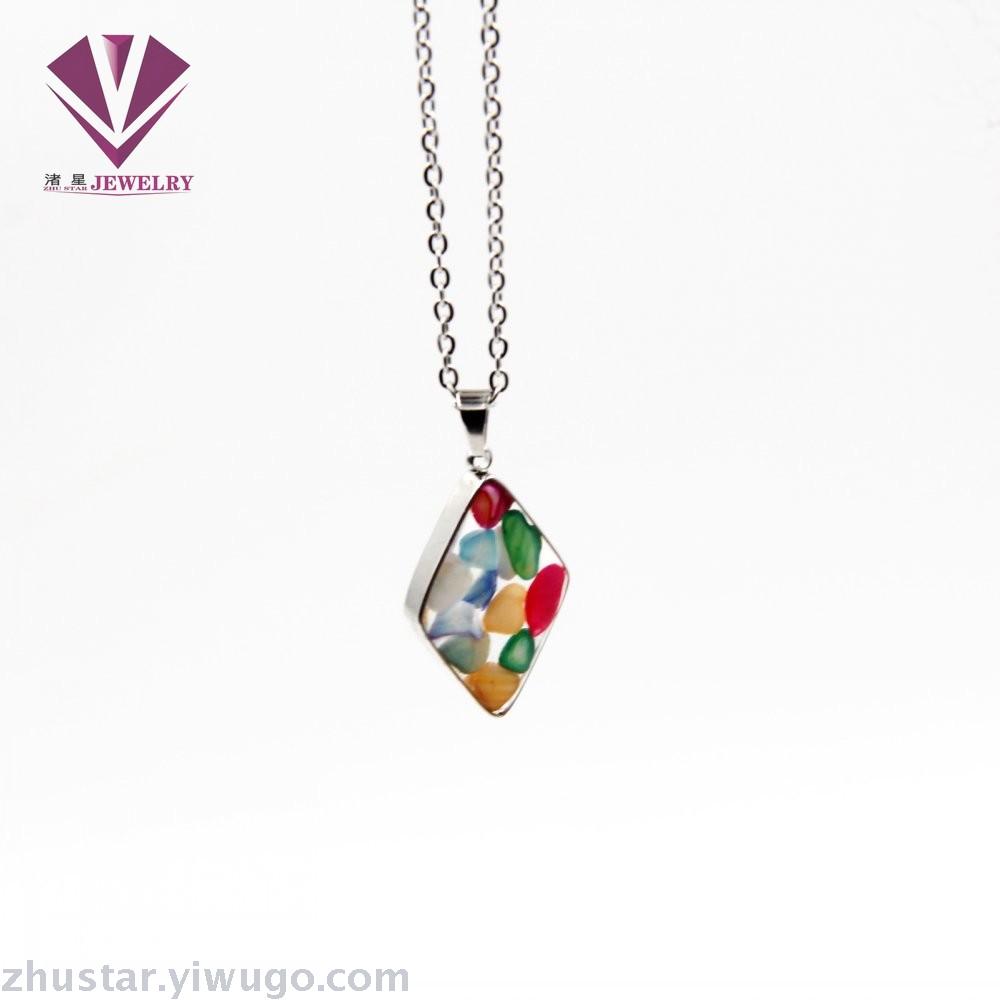 Stainless steel natural stone pendant, agate, powder crystal, amethyst, cyan crystal, tiger eye stone, pine stone, coral