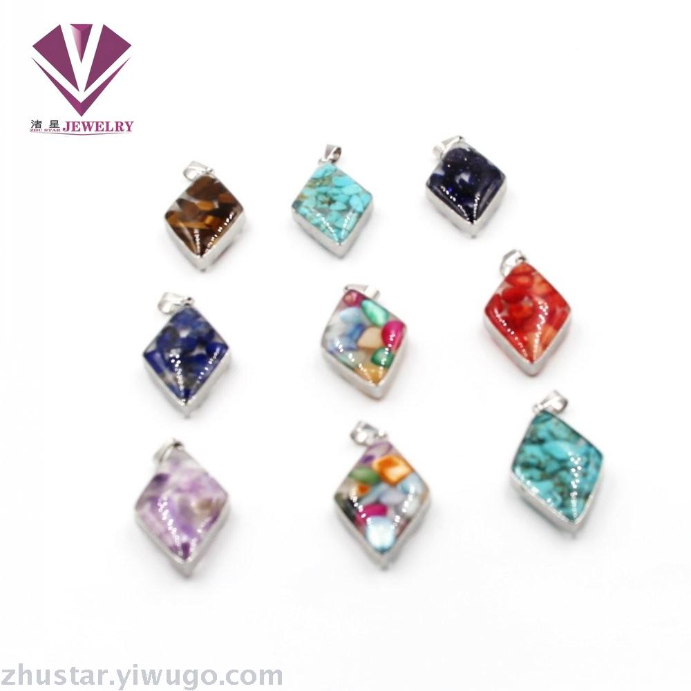 Stainless steel natural stone pendant, agate, powder crystal, amethyst, cyan crystal, tiger eye stone, pine stone, coral