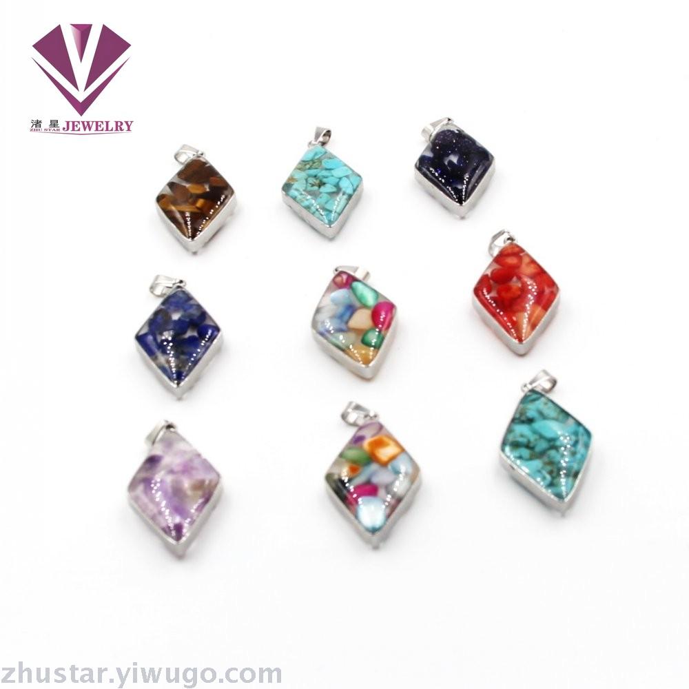 Stainless steel natural stone pendant, agate, powder crystal, amethyst, cyan crystal, tiger eye stone, pine stone, coral