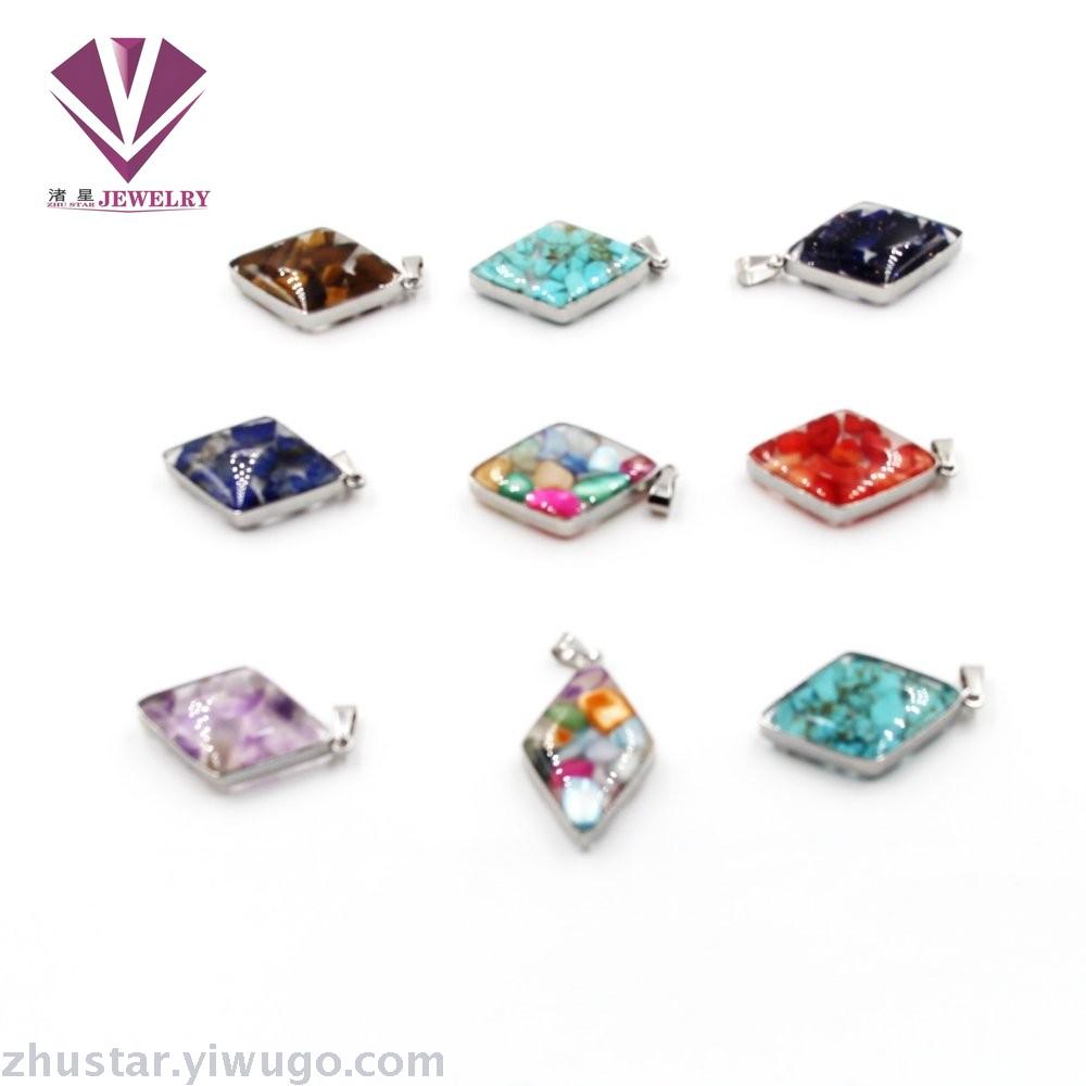 Stainless steel natural stone pendant, agate, powder crystal, amethyst, cyan crystal, tiger eye stone, pine stone, coral